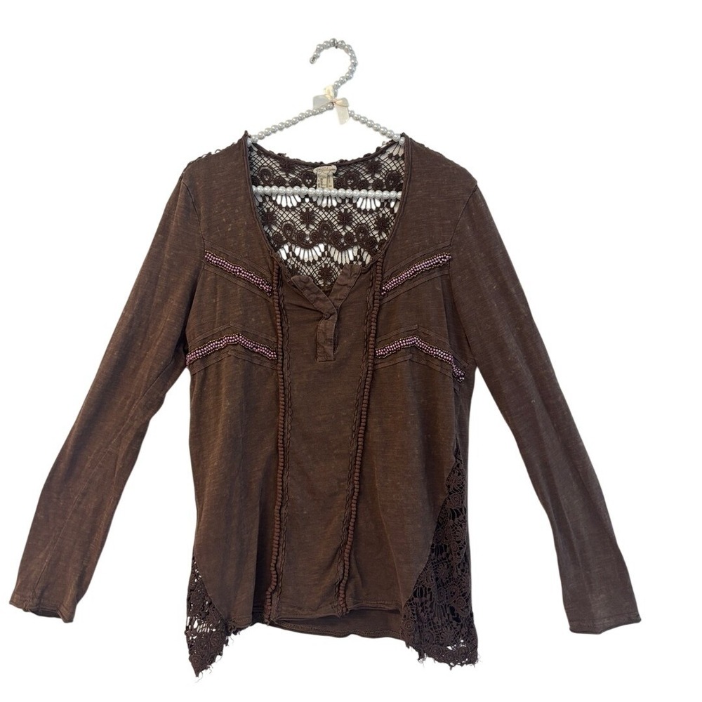 Brown Long Sleeve Women's Top sz small Henley boho embroidered beaded crocheted